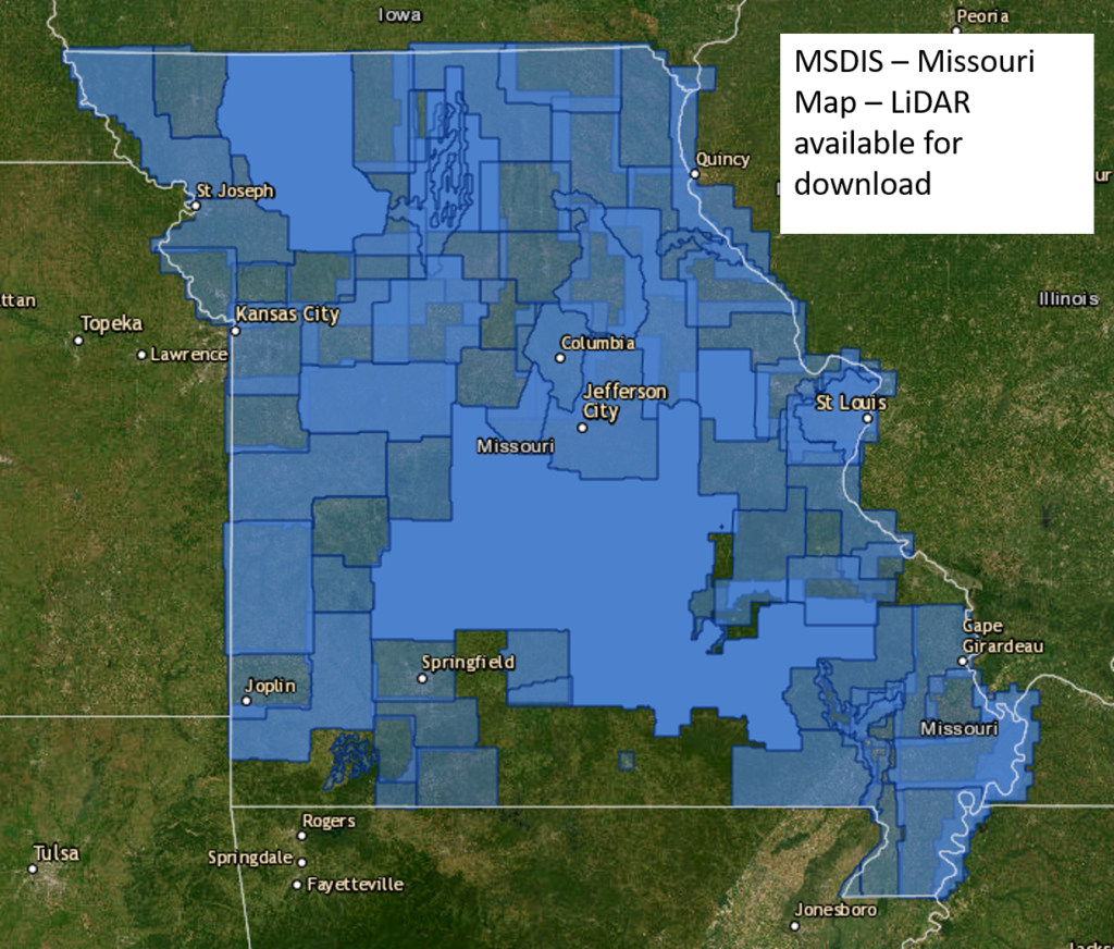 Map of LiDAR data availability from Missouri Spatial Data Information Service (MSDIS)